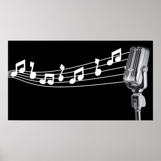 Cool Retro Mic & Musical Notes Black, aangepast Poster (Voorkant)