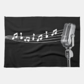 Cool Retro Mic & Musical Notes Black Theedoek (Horizontaal)