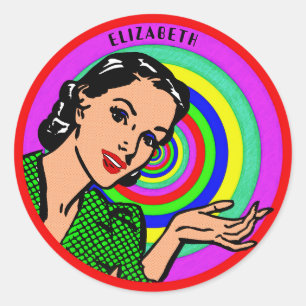Cool Retro Pop Art Girl in kleurencirkels Ronde Sticker