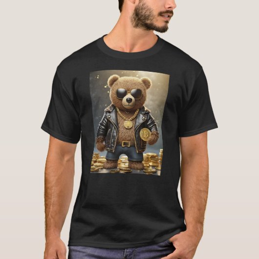 Cool Rich Bitcoin Teddy Bear Illustration Graphic T-shirt (Voorkant)