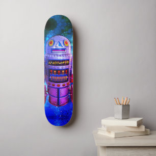 Cool Robot Blue Paarse Galaxy  Retro Schattige Skateboard