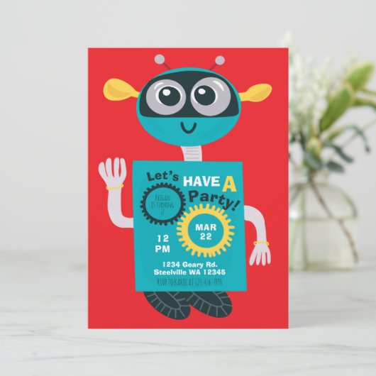 Cool Robot Boys Second Birthday Invitation (Debout devant)