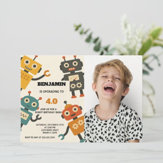 Cool Robot Invitation d'anniversaire avec photo (Debout devant)