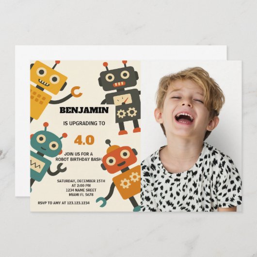 Cool Robot Invitation d'anniversaire avec photo (Devant / Derrière)