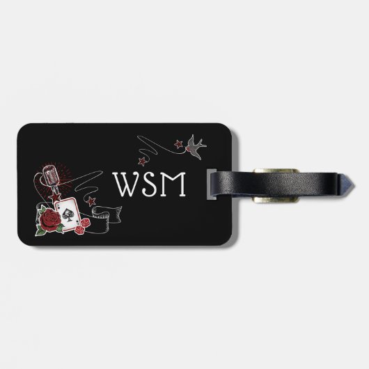 Cool Rockabilly Custom Monogram Singer Microphone Bagagelabel (Achterkant horizontaal)