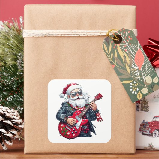 Cool Rocker Santa Playing Red Guitar Vierkante Sticker (Feestdagen)