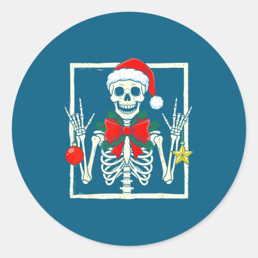 Cool Rocker Skeleton Santa Hat Christmas Punk Rock Ronde Sticker (Voorkant)