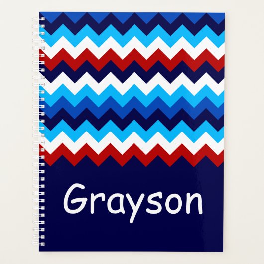 Cool Rouge Blanc Bleu Chevrons Monogram Planner (Devant)