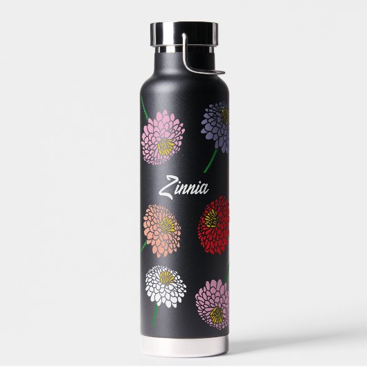 Cool roze rood geel wit Zinnia bloem kunst print Waterfles (Links)