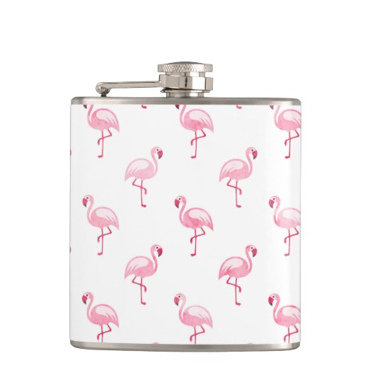Cool Roze Tropisch Flamingo patroon op Wit Heupfles (Voorkant)