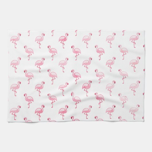 Cool Roze Tropisch Flamingo patroon op Wit Theedoek (Horizontaal)