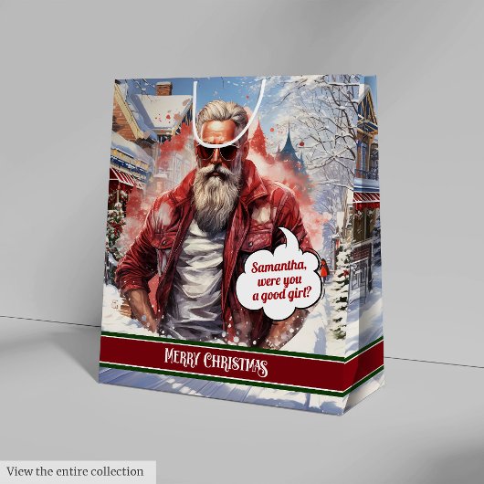 Cool Santa Claus Gift Bag Custom Name Keepsake Medium Cadeauzakje