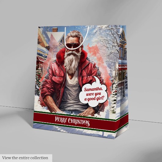 Cool Santa Claus Gift Bag Custom Name Keepsake Medium Cadeauzakje