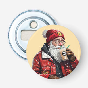 Cool Santa Drink Iced Coffee Christmas Art Button Flesopener