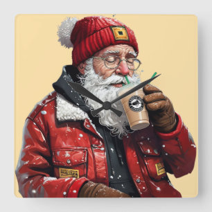 Cool Santa Drink Iced Coffee Christmas Art Vierkante Klok