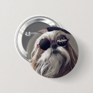 Cool Shih Tzu  retro bril Foto Monogram Ronde Button 5,7 Cm