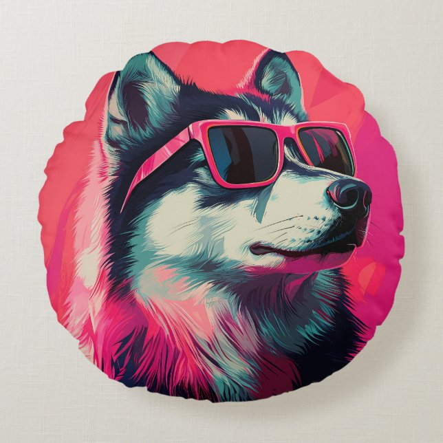 Cool Siberian Husky dog with sunglasses Rond Kussen (Voorkant)
