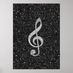 Cool silver glitter shining effects treble clef poster