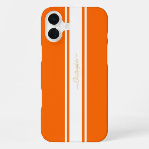 Cool Sinaasappel White Racing Stripes Gold Monogra iPhone 16 Plus Hoesje