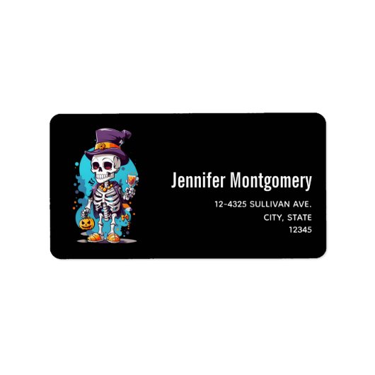 Cool Skelet in een Top Hat Halloween Etiket (Voorkant)