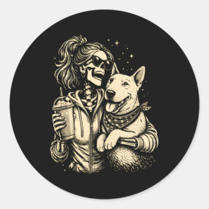 Cool Skelet Meisje Met Hond - Gotische Huisdierlie Ronde Sticker