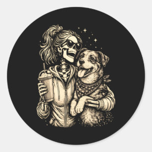 Cool Skelet Meisje Met Hond - Gotische Huisdierlie Ronde Sticker