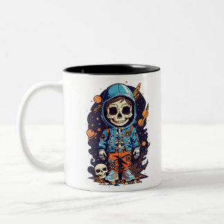 Cool Skeleton Astronaut in Hoodie Space Cartoon Tweekleurige Koffiemok