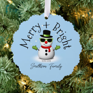 Cool Snowman Merry Bright Christmas Custom Family Ornament Kaart