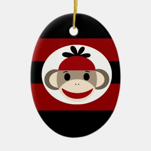 Cool Sock Monkey Beanie Pet Red Black Stripes Keramisch Ornament (Voorkant)