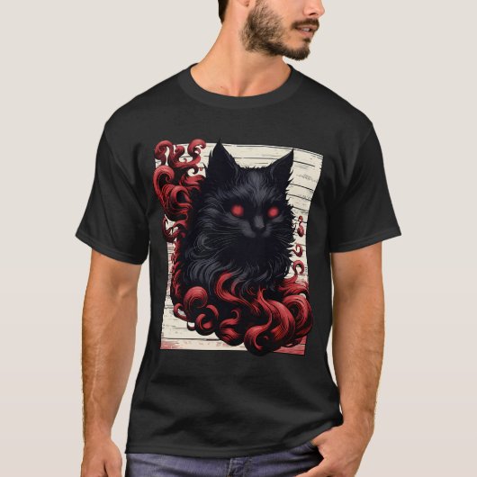 Cool Spooky Abstract Art Black Cat Demon T-shirt (Voorkant)