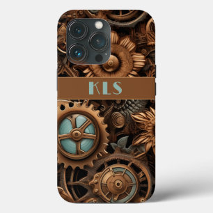 Cool Steampunk Bruin & Blauwgroen Cogs & Flowers iPhone 13 Pro Hoesje