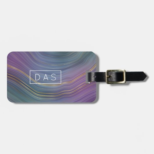 Cool Strata | Monogram blauw Paars Goud Agate Bagagelabel (Voorkant horizontaal)