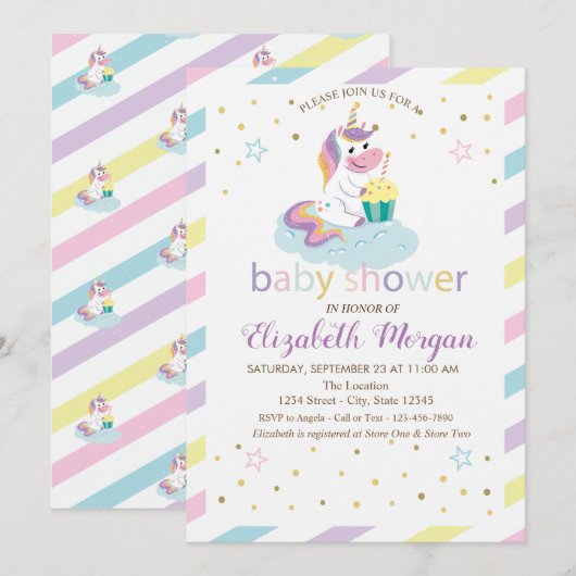 Cool Stripes Stars Unicorn Baby shower Invitation (Devant / Derrière)