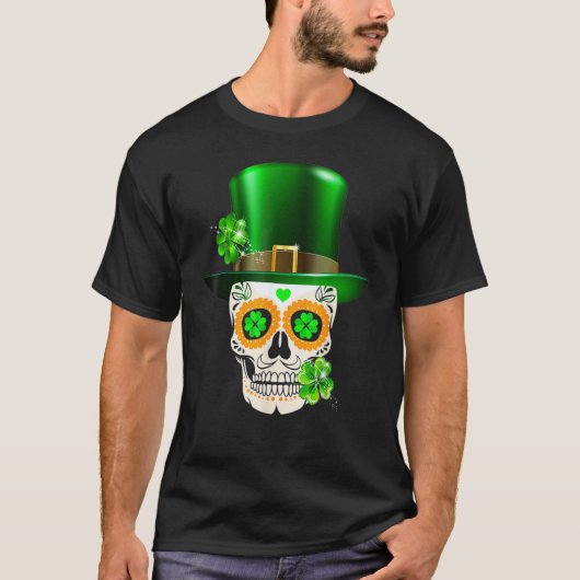 Cool Sugar Skull St Patrick's Day Shamrock Irish L T-shirt (Voorkant)