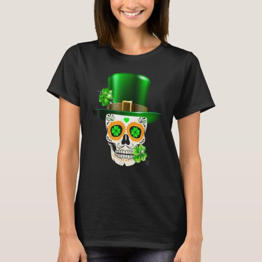 Cool Sugar Skull St Patrick's Day Shamrock Irish L T-shirt (Voorkant)