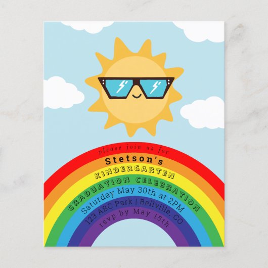 Cool Sun en Rainbow Budget Kinder Afstuderen Invit (Voorkant)
