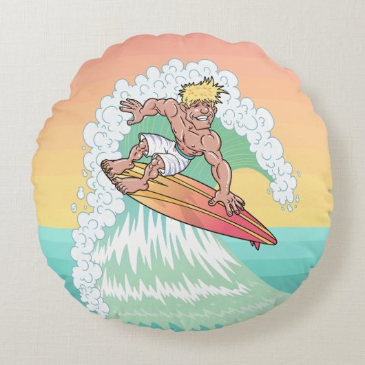 Cool Sunset Surfer Rond Kussen (Voorkant)