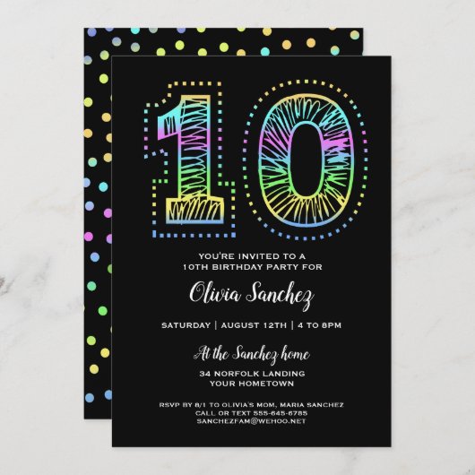 Cool sur Black Fun 10th Birthday Party Invitation (Devant / Derrière)