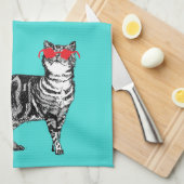 Cool Tabby Cat Sunglazen Aqua Kitchen Tea Towel Theedoek (Quarter Fold)