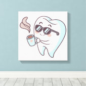 Cool Tooth Cartoon met zonnebril en koffie Poster Canvas Afdruk (Insitu (Houten vloer))
