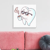 Cool Tooth Cartoon met zonnebril en koffie Poster Canvas Afdruk (Insitu (Woonkamer))
