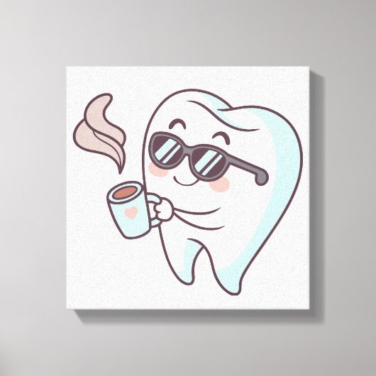 Cool Tooth Cartoon met zonnebril en koffie Poster Canvas Afdruk (Voorkant)