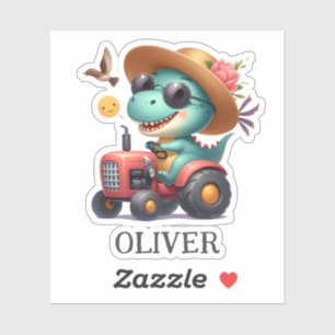 Cool Trex Dinosaurus Boer Rijden Rode Tractor Sticker