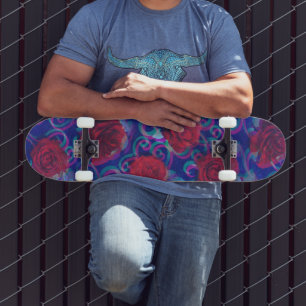 Cool Trippy Glitch Damask Modern Rode Roos Paars Skateboard
