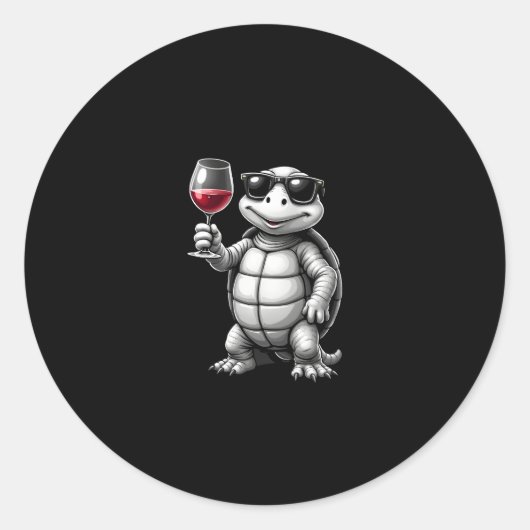 cool turtle drinking red wine art print_1 (1) ronde sticker (Voorkant)