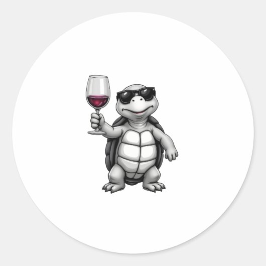 cool turtle drinking red wine art print_1 (1) ronde sticker (Voorkant)