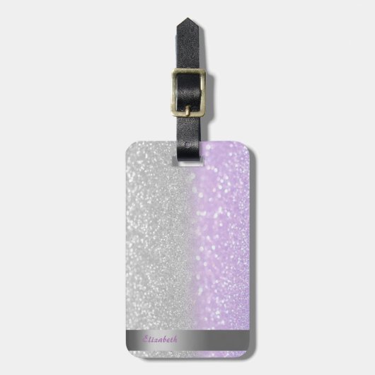 Cool Violet Silver Glitter Bokeh Ombre Stripe Bagagelabel (Voorkant verticaal)