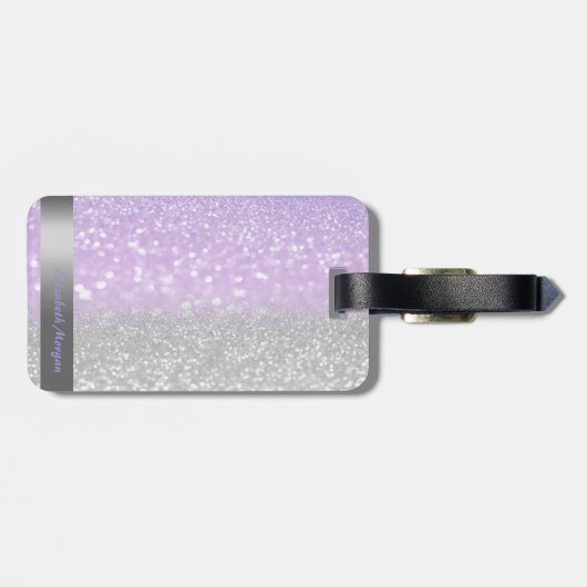Cool Violet Silver Glitter Bokeh Ombre Stripe Bagagelabel (Achterkant horizontaal)