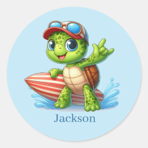 Cool voeg naam surfen zee schildpad ronde sticker