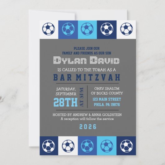 COOL VOETBAL Blauwe Bar Bat Mitzvah Uitnodiging (Voorkant)